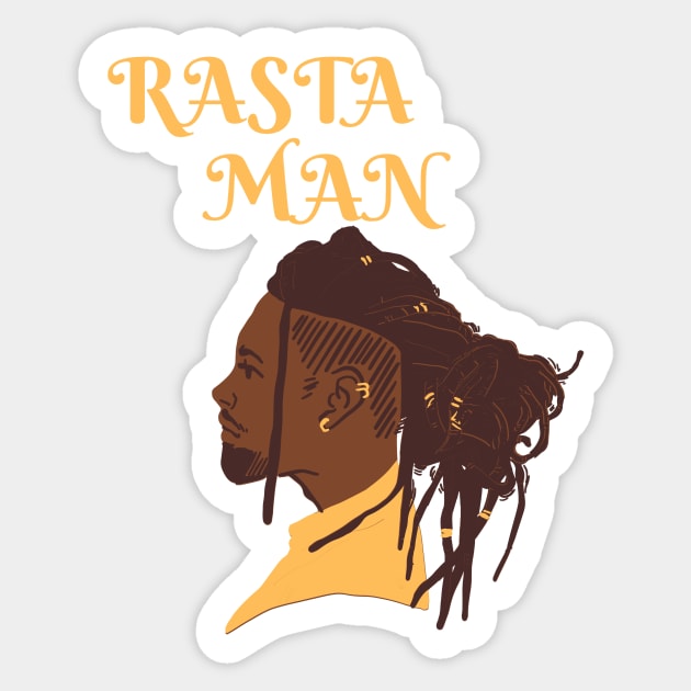 Rastafari man with gold details on the dreadlocks and mustard text just like his shirt Sticker by JENNEFTRUST